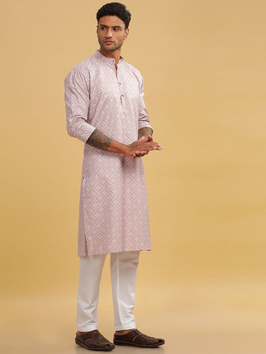 Geometric Printed Band Collar Straight Long Kurta
