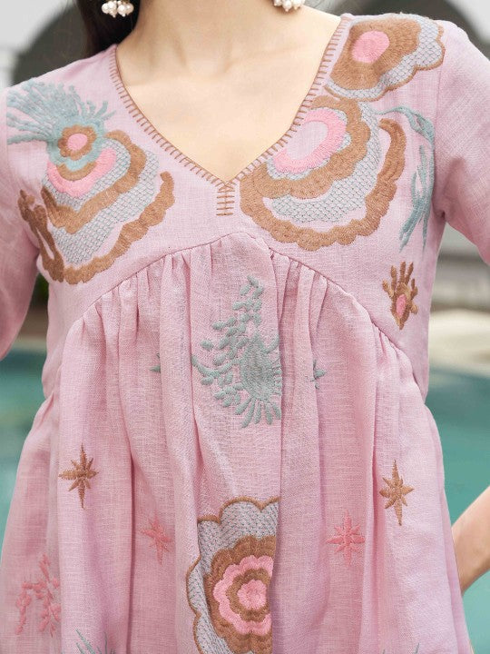 Tikhi Imli Embroidered V-Neck Three-Quarter Sleeves Linen Tunic With Trouser