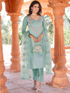 Tikhi Imli Sea Green Floral Embroidered Regular Pure Cotton Kurta & Trousers With Dupatta