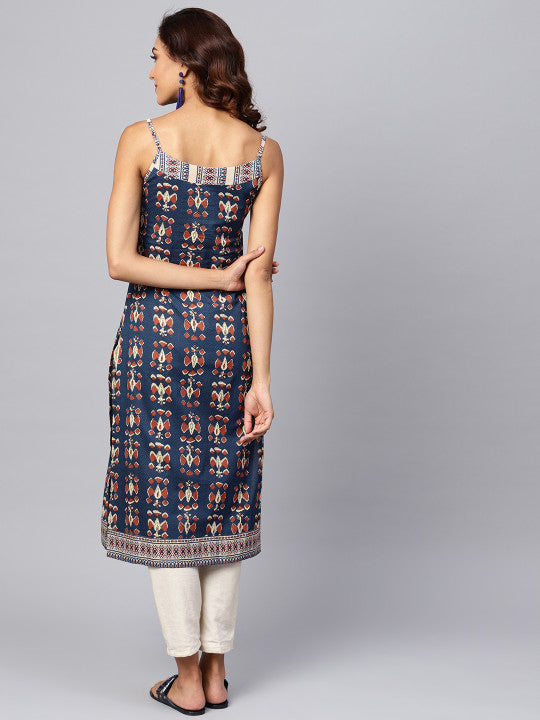 Women Navy Blue & Rust Orange Printed Straight Kurta