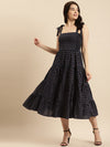 Anayna Navy Blue Checked Ethnic Motifs Print Shoulder Straps Cotton Tiered Midi Dress