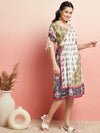 AKS White Ethnic Motifs Printed Gathered Cotton A-Line Dress