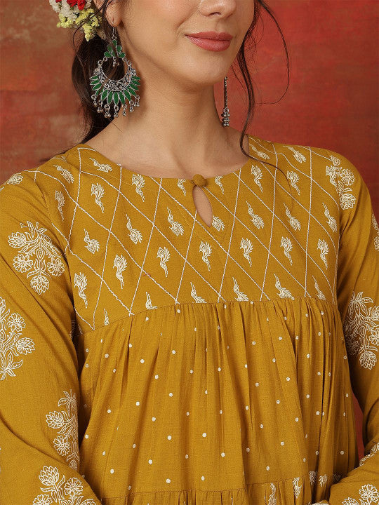 Sangria Printed Pure Cotton Key Hole-Neck Anarkali Kurta & Trousers With Dupatta