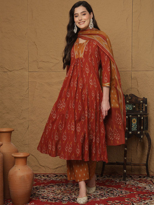 Sangria Ethnic Motifs Printed Pleated Pure Cotton Anarkali Kurta with Palazzos & Dupatta