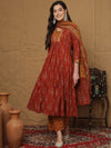 Sangria Ethnic Motifs Printed Pleated Pure Cotton Anarkali Kurta with Palazzos & Dupatta
