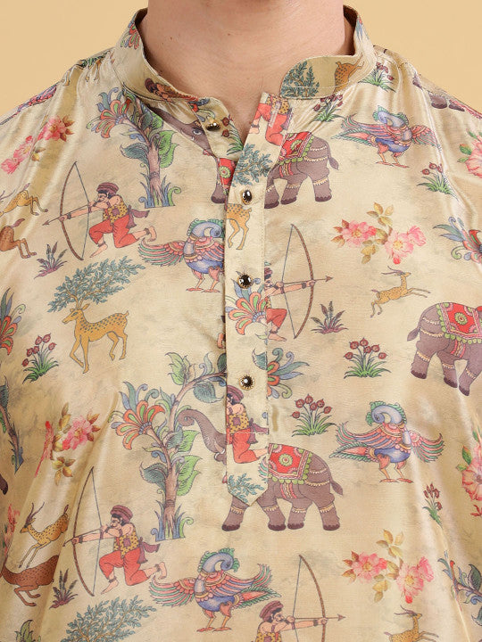 Anouk Cream-Coloured Animal Floral Printed Mandarin Collar Straight Kurta