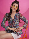 Sangria Blue Floral Printed V-Neck Bell Sleeve Georgette A-Line Top