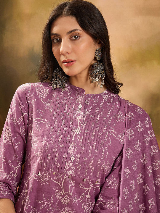 Sangria Women Printed Pure Cotton Straight Kurta & Trousers With Dupatta