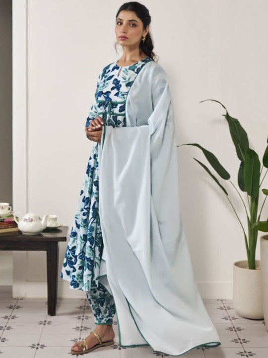 anayna Women Floral Printed Empire Pure Cotton Kurta with Dhoti Pants & With Dupatta