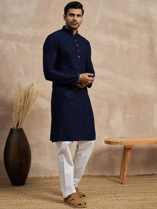 Anouk Navy Blue Geometric Embroidered Mandarin Collar Sequins Straight Kurta
