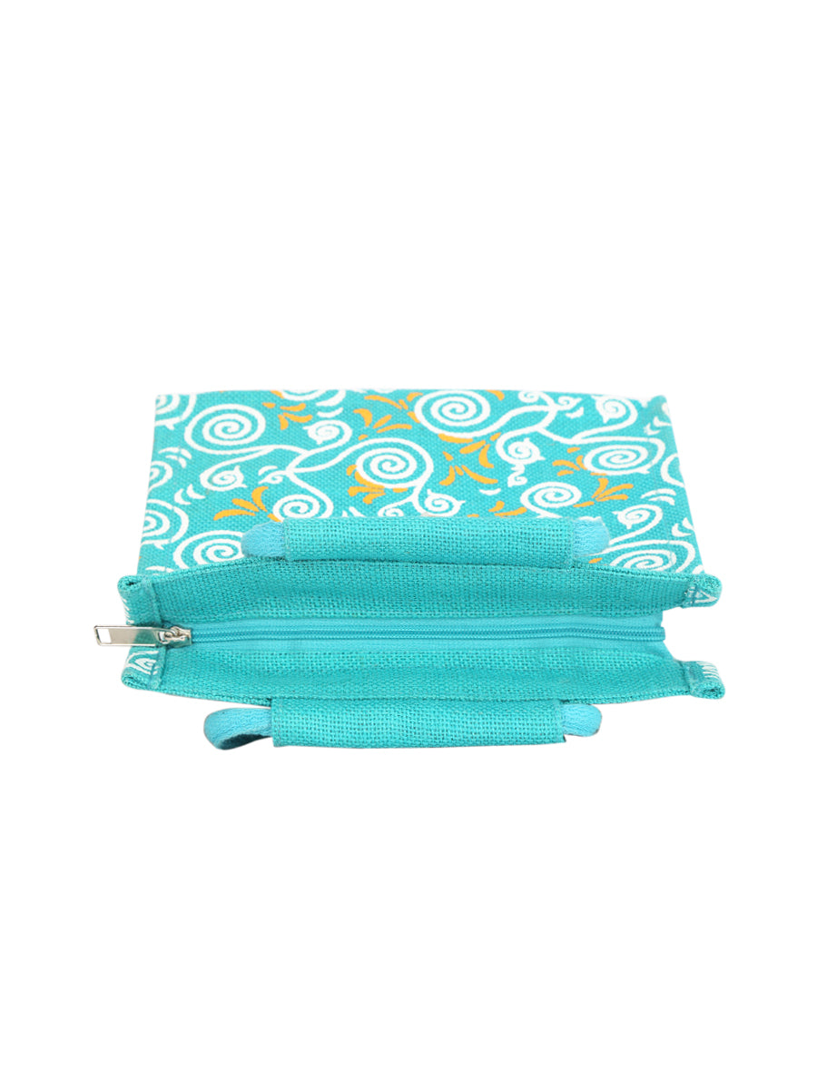 JUTE COTTAGE ALL OVER NEW PRINT 2 COLOUR ZIPPER LUNCH BAG, SUSTAINABLE, ECO-FRIENDLY, 100% GENUINE, STYLISH JUTE BAG (TURQUOISE BLUE 10X10X6)