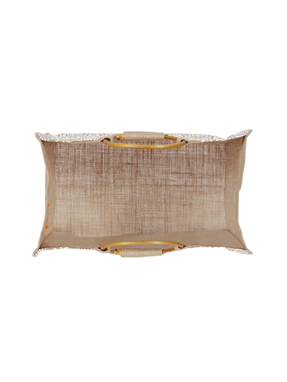 JUTE COTTAGE MUGHAL PRINT LUNCH BAG,  CANE HANDLE, SUSTAINABLE, ECO-FRIENDLY, 100% GENUINE, STYLISH JUTE BAG (NATURAL 11X14X8)