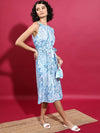 Vishudh Blue Floral Printed A-Line Dress With Belt