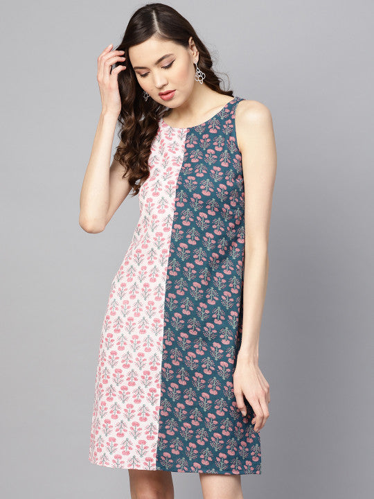 anayna Women Teal Blue & Pink Printed A-Line Dress