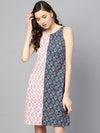 Anayna Women Teal Blue & Pink Printed A-Line Dress