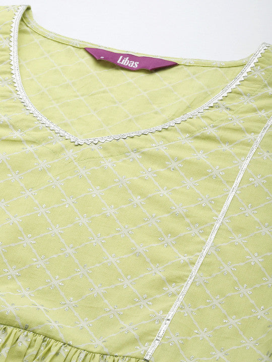 Libas Geometric Printed V-Neck Gotta Patti Pure Cotton Empire Kurti