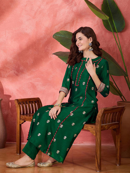 Sangria Foil Printed & Embroidered Kurta & Trouser Set