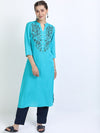 Vishudh Women Turquoise Blue Floral Embroidered Kurta