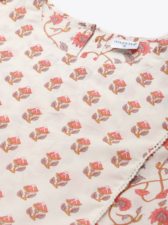 Women White & Pink Printed Kurta with Trousers