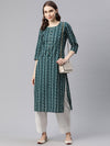 PIROH Womens Cotton Bandhani Print Straight Kurta Teal