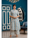 PIROH Womens Cotton Floral Print A-Line Kurta Palazzo Blue (Set of 2) - L