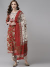 Yufta Women Maroon Floral Printed Regular Thread Work Pure Cotton Kurta with Palazzos & With Dupatta