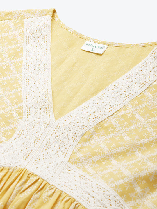 Women Yellow & White Printed Kurta with Trousers