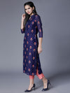 Vishudh Women Navy Blue & Pink Floral Printed Straight Kurta