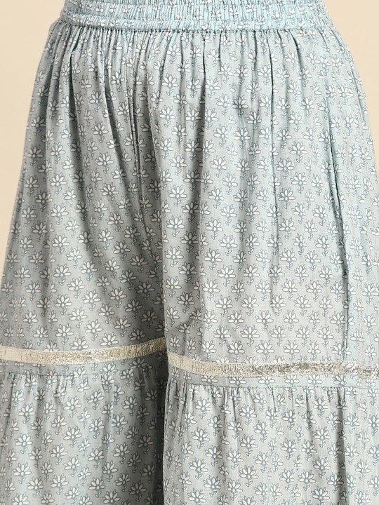 anayna Women Grey & White Floral Printed Angrakha Pure Cotton Kurta with Sharara & Dupatta