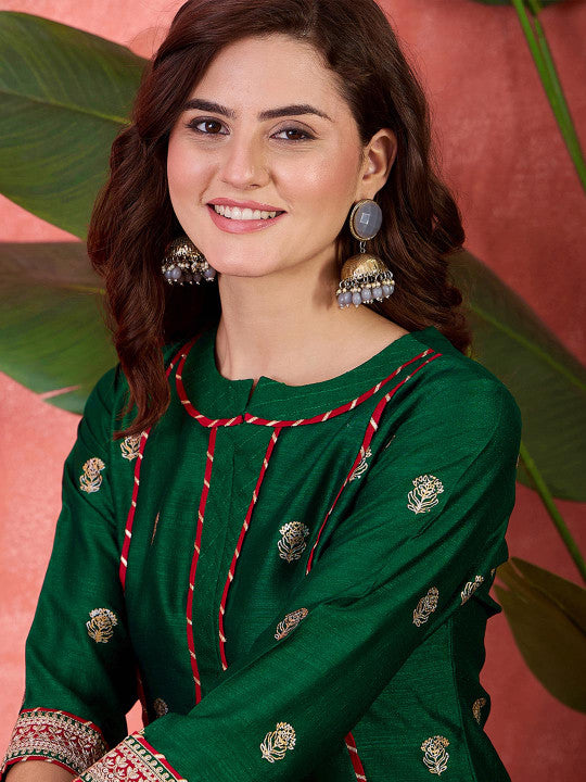 Sangria Foil Printed & Embroidered Kurta & Trouser Set