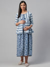 Anayna Blue & White Ethnic Motifs Printed Cotton Maternity A-Line Dress with Ethnic Jacket