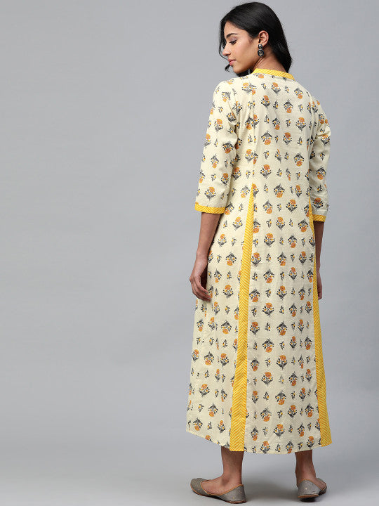 anayna Women Yellow Block Print Pure Cotton Maxi Nursing Dress
