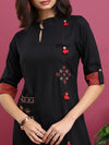 Vishudh Black Ethnic Motifs Embroidered Mandarin Collar Roll-Up Sleeves Straight Kurta