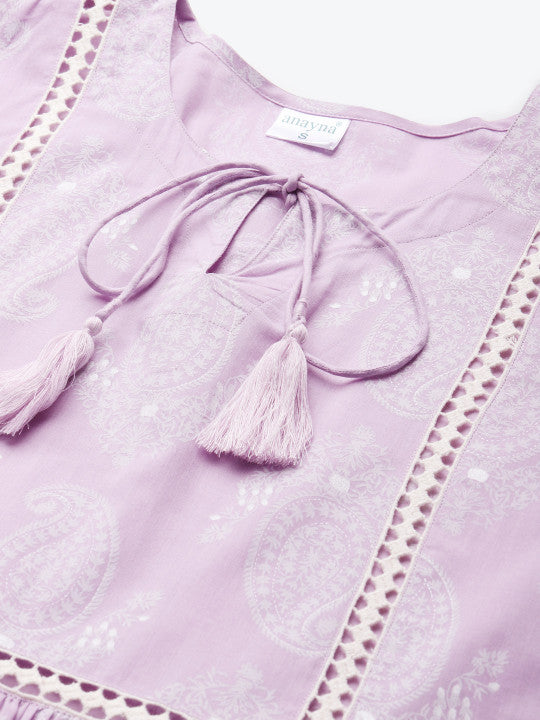 anayna Women Lavender & White Paisley Screen Print Bell Sleeves Cotton Pastels Kurta