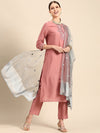 Anouk Women Pink & Blue Ethnic Motifs Embroidered Kurta with Trousers & With Dupatta