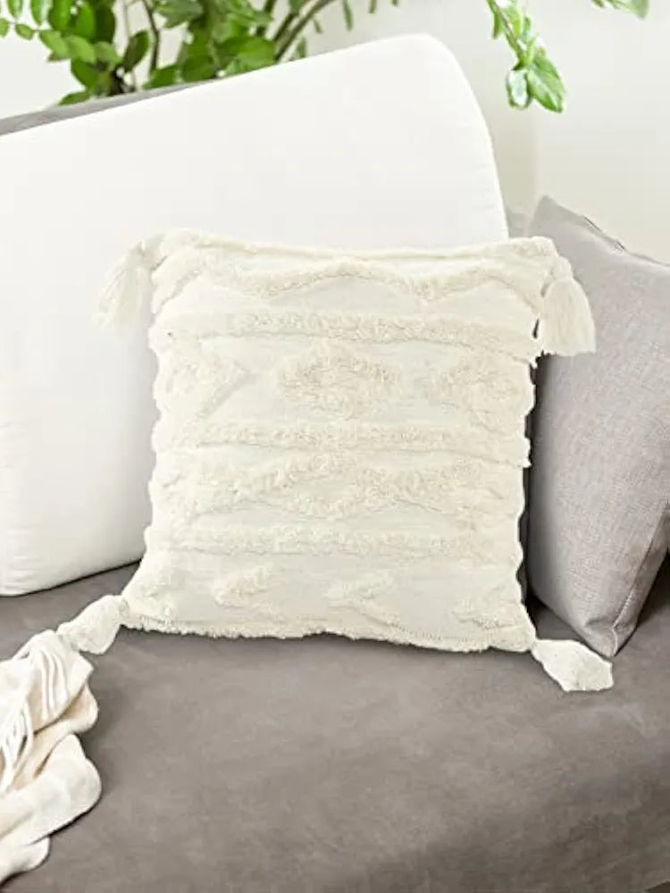 SASHAA WORLD Tasselled and Tufted Cushion Cover/Decorative Throw Pillow Cover for Sofa or Bed