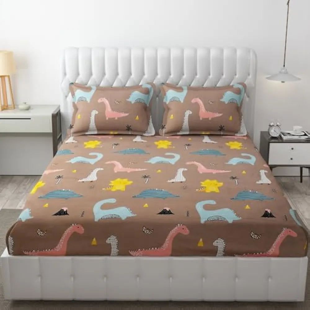 FRESH FROM LOOM Wrinkle Free Glace Cotton 300 TC Elastic Fitted Bedsheet For Kids With 2 Pillow Cover| Soft Skin Friendly|Anti Fade |Rosy/Dinosaur)