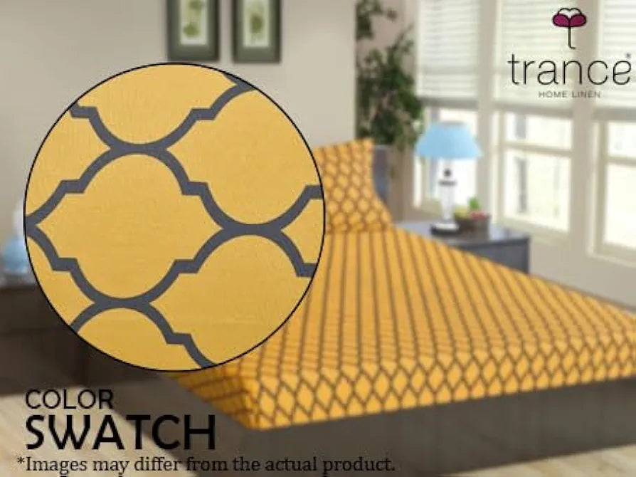 Trance Home Linen 200TC 100% Cotton Queen Size Elastic Fitted Bedsheet | Bedsheet for Queen Size Bed | Printed Elasticated Fitted Bedspread with 2 Pillow Covers 