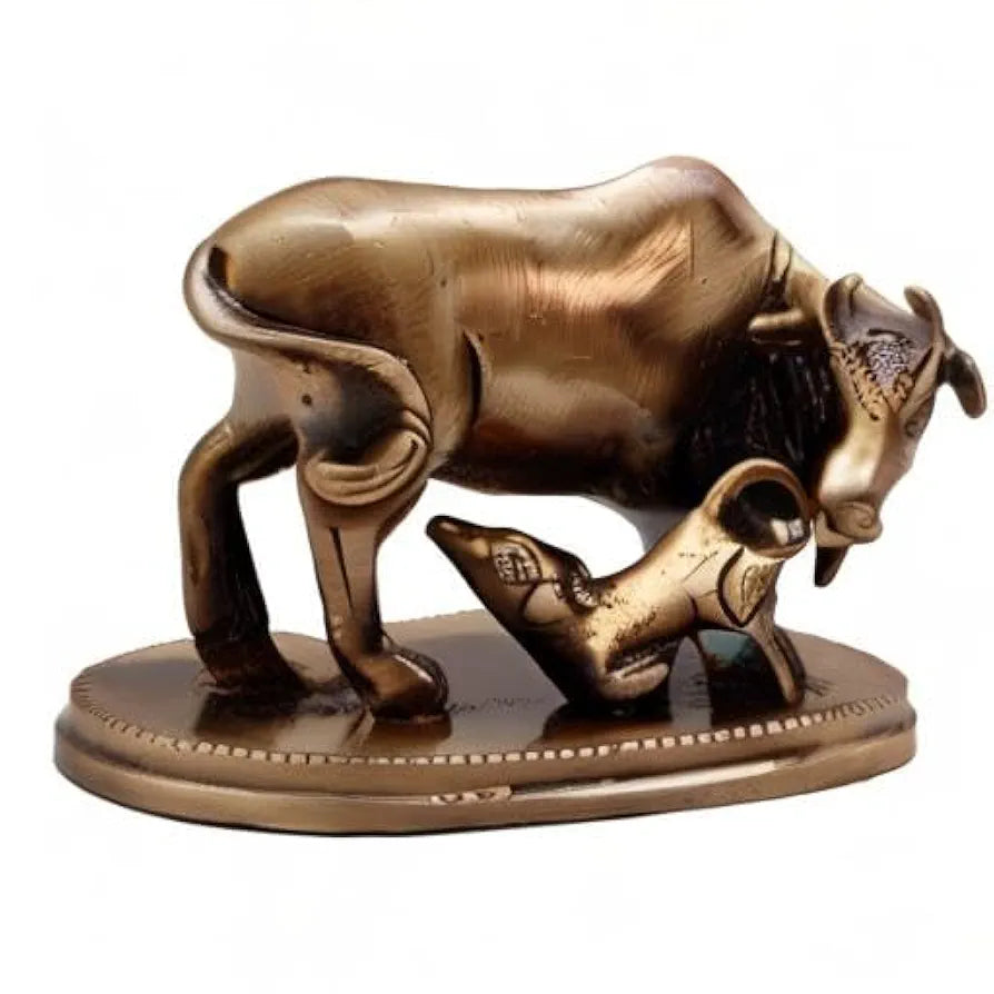 Two Moustaches Brass Kamdhenu Cow & Calf Showpiece, Handcrafted Brass Kamdhenu Statue, Brown, Standard, Pack of 1