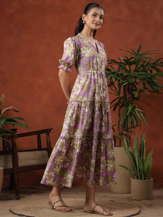 Anayna Floral Print Tie-Up Tiered Cotton Maxi Fit & Flare Dress