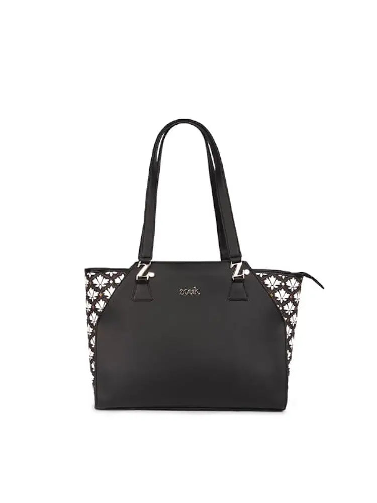ZOUK Printed Jute Handcrafted Vegan Leather Black Women's Check-point Friendly Classic Business Bag