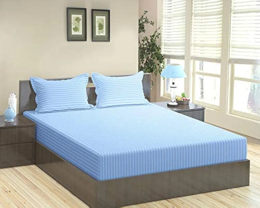 Trance Home Linen 100% Cotton 78x60 inch Queen Fitted 200TC Satin Stripe Elastic Fitted Bedsheet | Daily Use Double Bed Fitted Bedspread with 2 Pillow Covers 