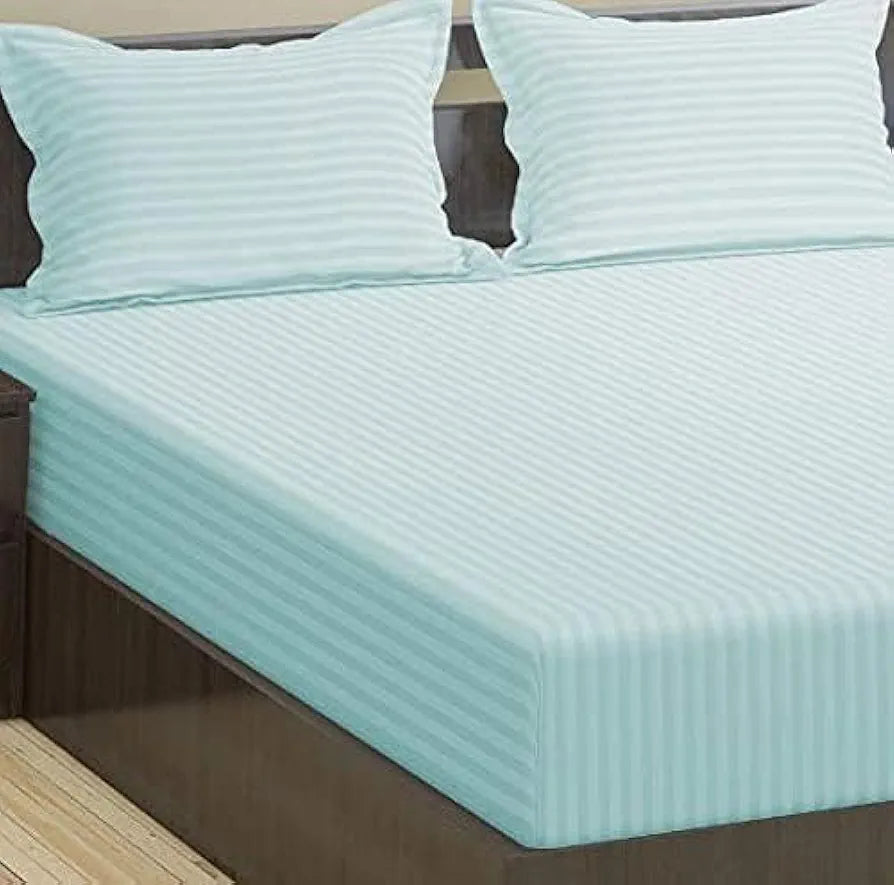 Trance Home Linen 100% Cotton 78x60 inch Queen Fitted 200TC Satin Stripe Elastic Fitted Bedsheet | Daily Use Double Bed Fitted Bedspread with 2 Pillow Covers 