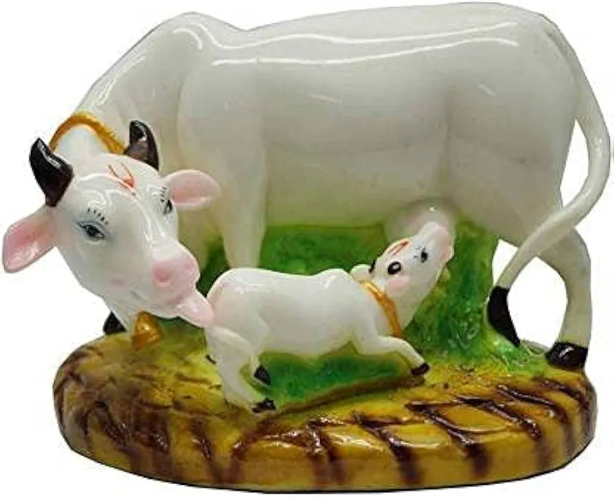NRSON® Decorative Marble Dust Polyresin Cow and Calf Showpiece and Figurines - 5 x 3 x 3 inch