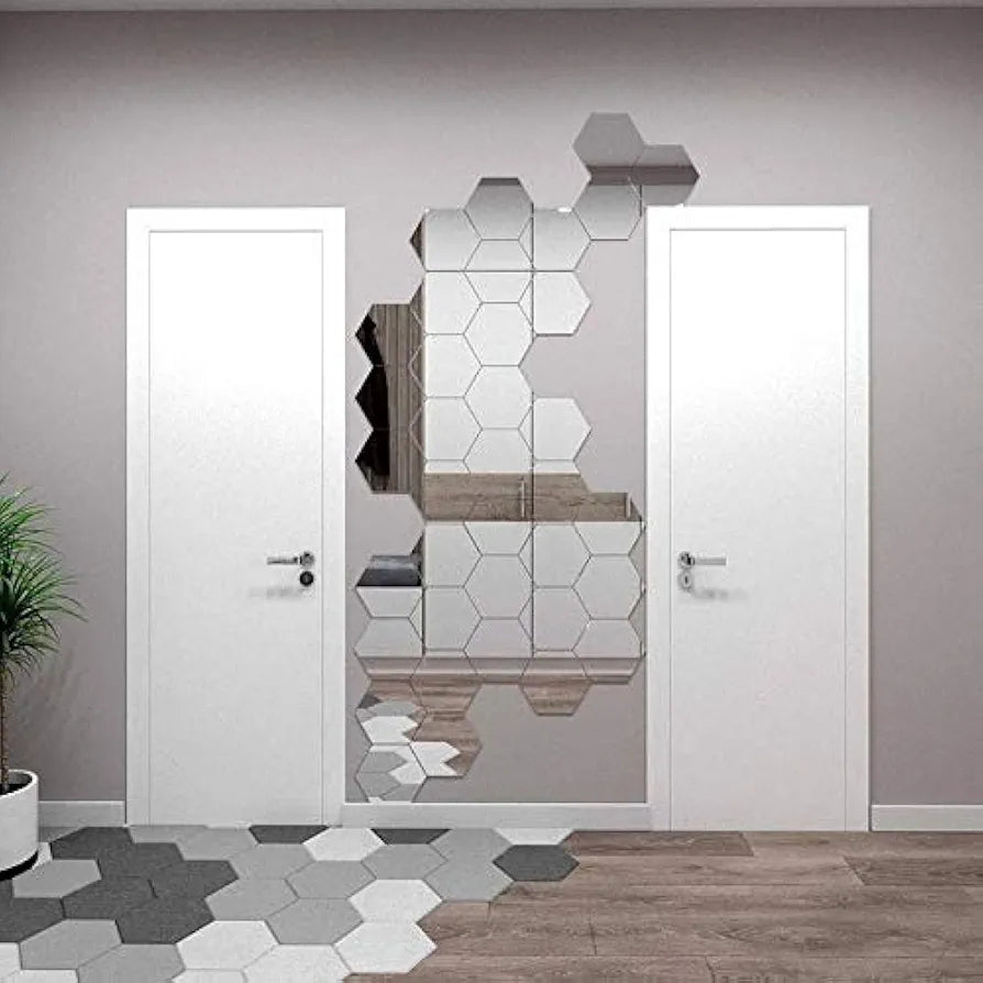 Bikri Kendra - 28 Hexagon Silver with 20 Butterfly Stickers for Wall, Mirror Stickers, 3D Acrylic Stickers Wall Stickers