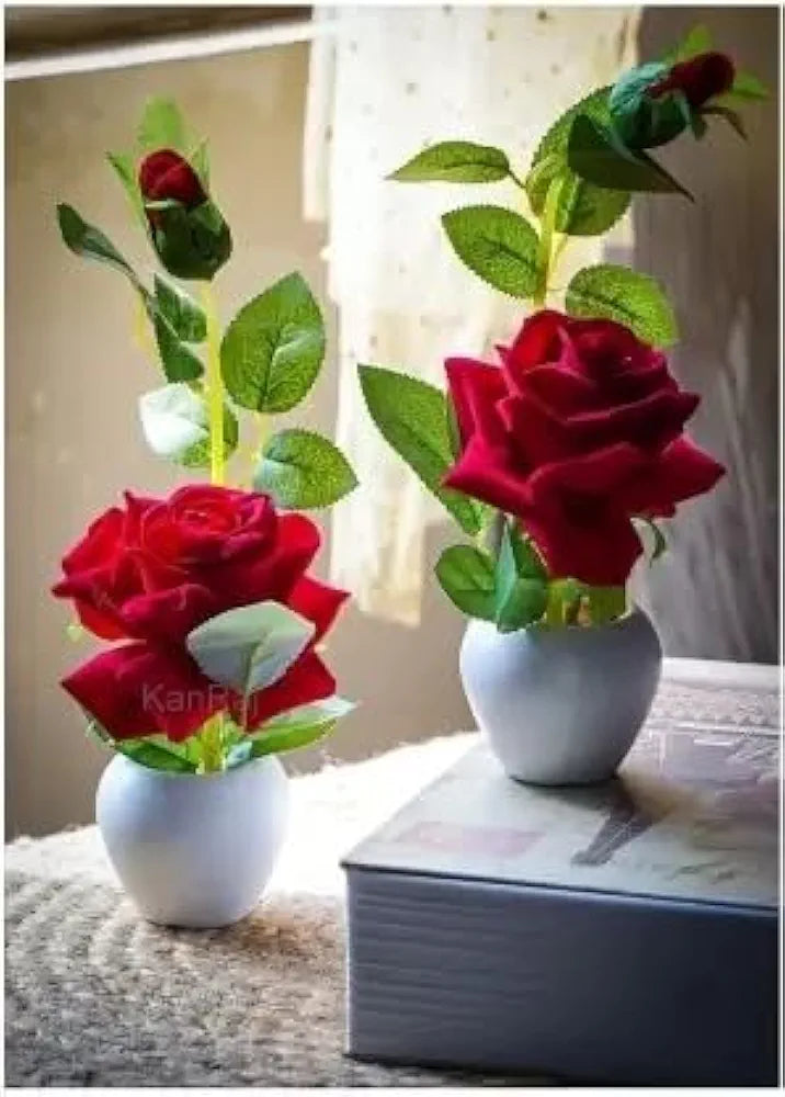 KanRaj ® Artificial Rose Flower Set of 2 Roses with Pot , Plastic