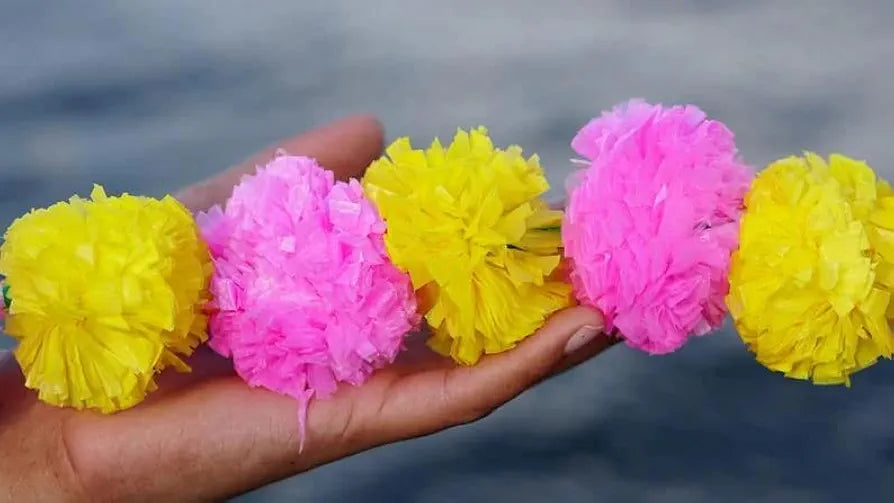Abhaas Artificial Marigold Garland Flowers for Decoration Long Toran Indian genda phool for Wedding & Festival |4-8 Feet Long |Pink+Yellow | 5 Strings