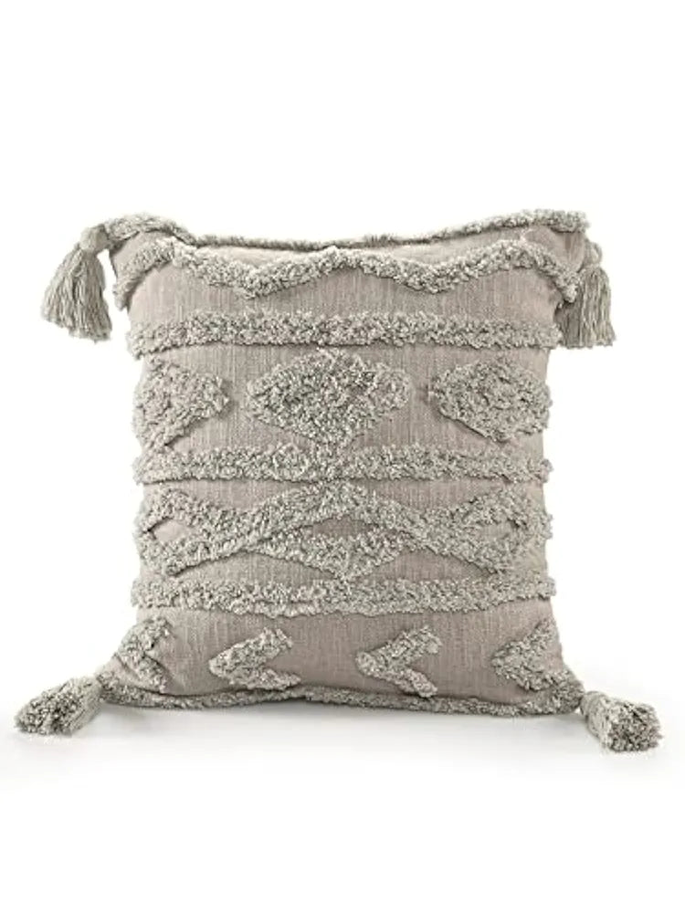 SASHAA WORLD Tasselled and Tufted Cushion Cover | Decorative Throw Pillow for Sofa or Bed | Boho Style Diamond Pattern, Cotton with Zipper Closure for Home Décor | 16x16 inches, Grey