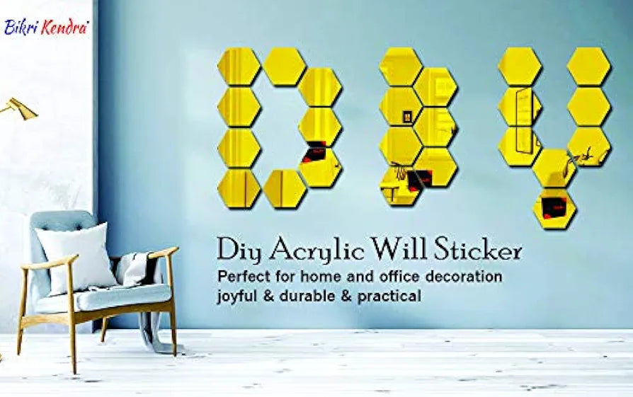 Bikri Kendra - Hexagon 35 Golden with 20 Butterfly Silver Stickers for Wall, Mirror Decor Sticker, Wall Mirror Stickers, Acrylic,
