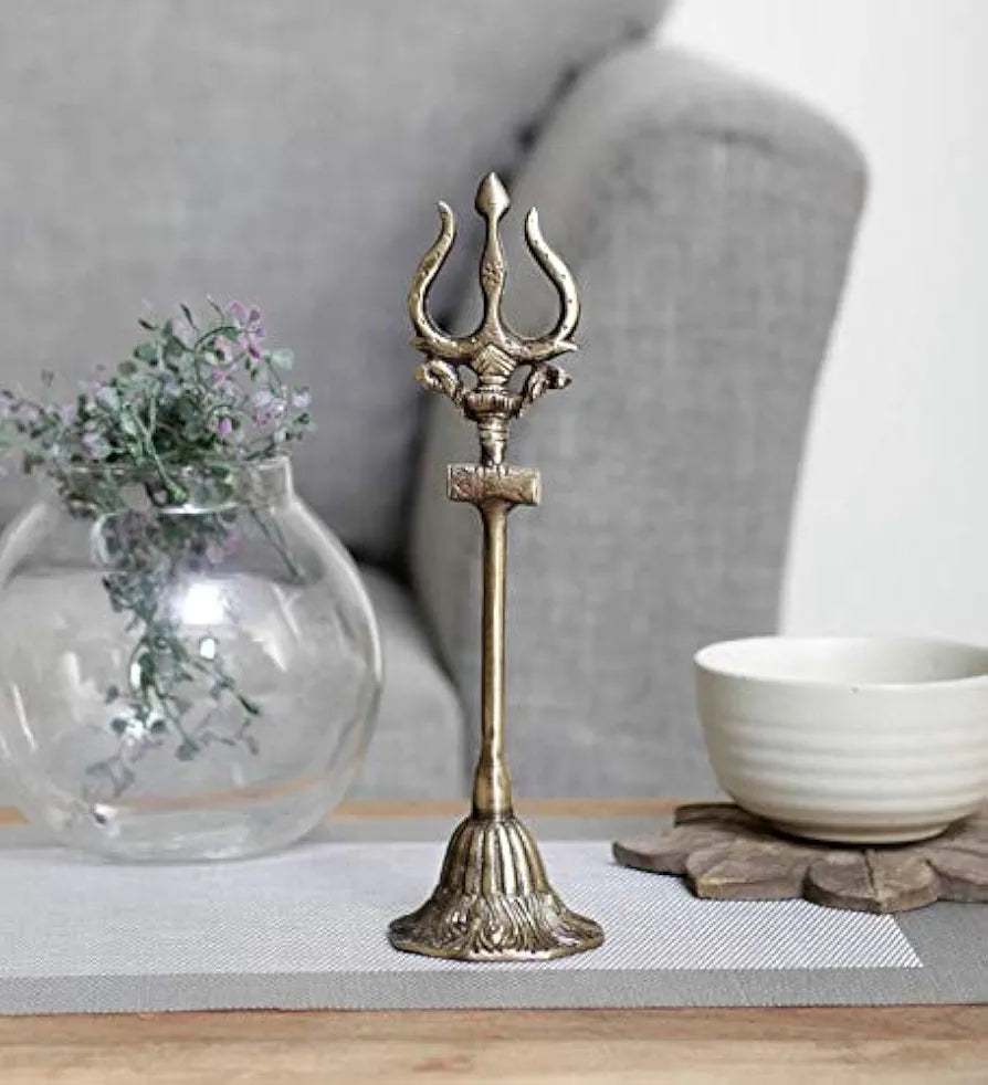 Two Moustaches Brass Shiva's Trishul with Damru Decorative Showpiece Figurine, Brown, 11 Inches, Standard, Pack of 1